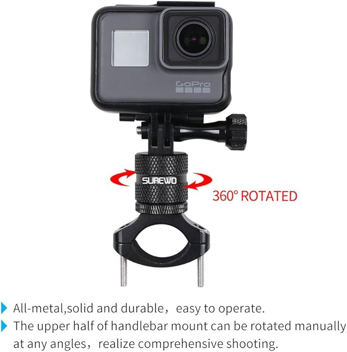 Bike Mount for Action Cameras, Aluminum Handlebar Mount Compatible with GoPro Hero 13/12/11/10/9/8/7/6/5 Black, GoPro Max, DJI Osmo Action 5/4/3/2, Crosstour and More