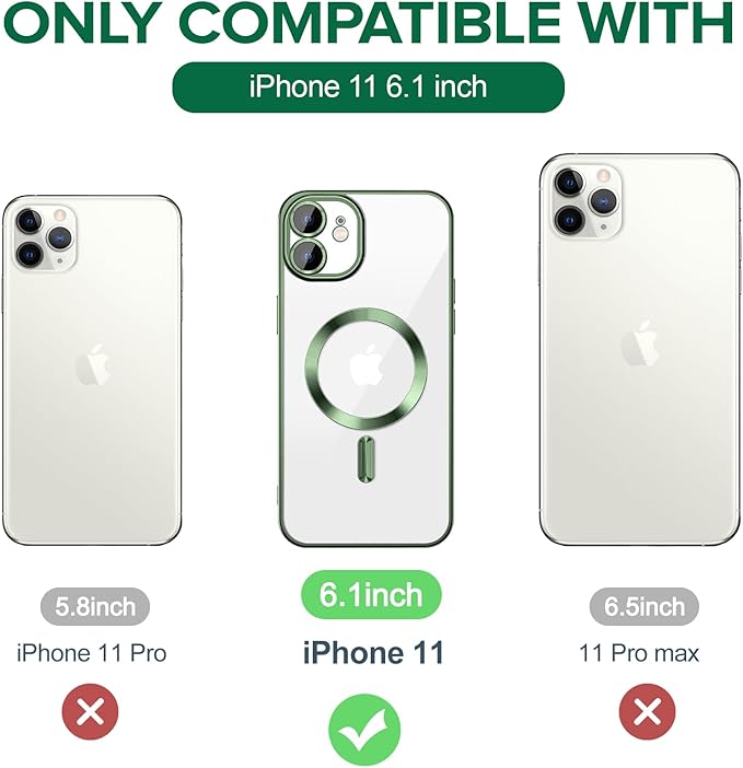 Hython Magnetic Clear for iPhone 11 Case with Camera Lens Protector [Compatible with MagSafe] Luxury Plating Edge Slim Soft TPU Cover Protective Phone Case for iPhone 11 6.1", Deep Green