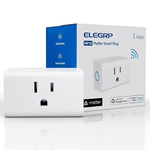 ELEGRP Matter Supported Mini Smart Plug, Smart Outlet 15A/1800W Max, Compatible with Apple Home, Siri, Alexa, Google Home, SmartThings, Compact Design, UL Certified, 2.4G Wi-Fi Only, White, 1 Pack