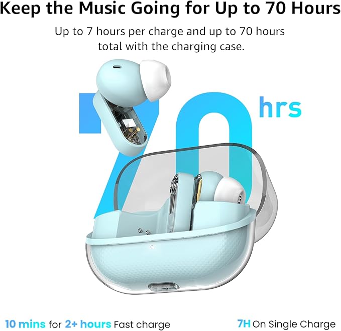 TOZO Crystal Pods Hybrid Active Noise Cancelling Wireless Earbuds, 10mm Drivers Deep Bass, 4 Mics Smart ENC AI Calls, Real-Time AI Translation, 32 EQ via App, Bluetooth 5.4, Crystal Design