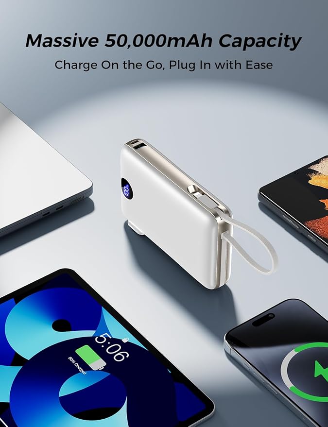 Power Bank, 50000 mAh Portable Charger with Built in Cable & Wall Plug, 22.5W Fast Charging, Travel Essential Battery Pack with LED Display for iPhone 17/16/15/14 Series, Galaxy, iPad White