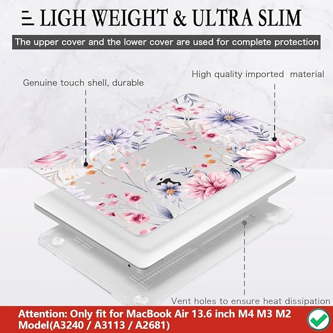 CISSOOK Flower Case for MacBook Air 13.6 Inch M5 M4 M3 M2 Chip Model A3449 A3240 A3113 A2681, Plastic Shell Cover with Keyboard Cover Screen Protector for MacBook Air 13 2022-2026, Flowers Watercolor