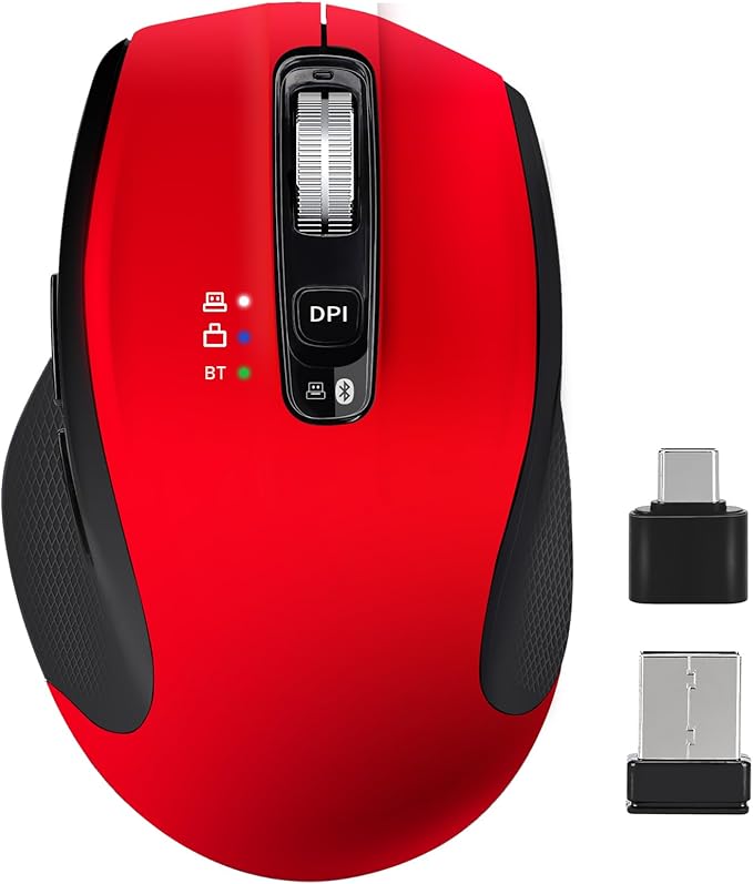 Wireless Bluetooth Mouse with USB-A, USB-C Receiver, Rechargeable, 3-Device, Full-Size, Silent Click, Ergonomic Mice for MacBook/Laptop/Computer/Tablet/PC/iPad-Red