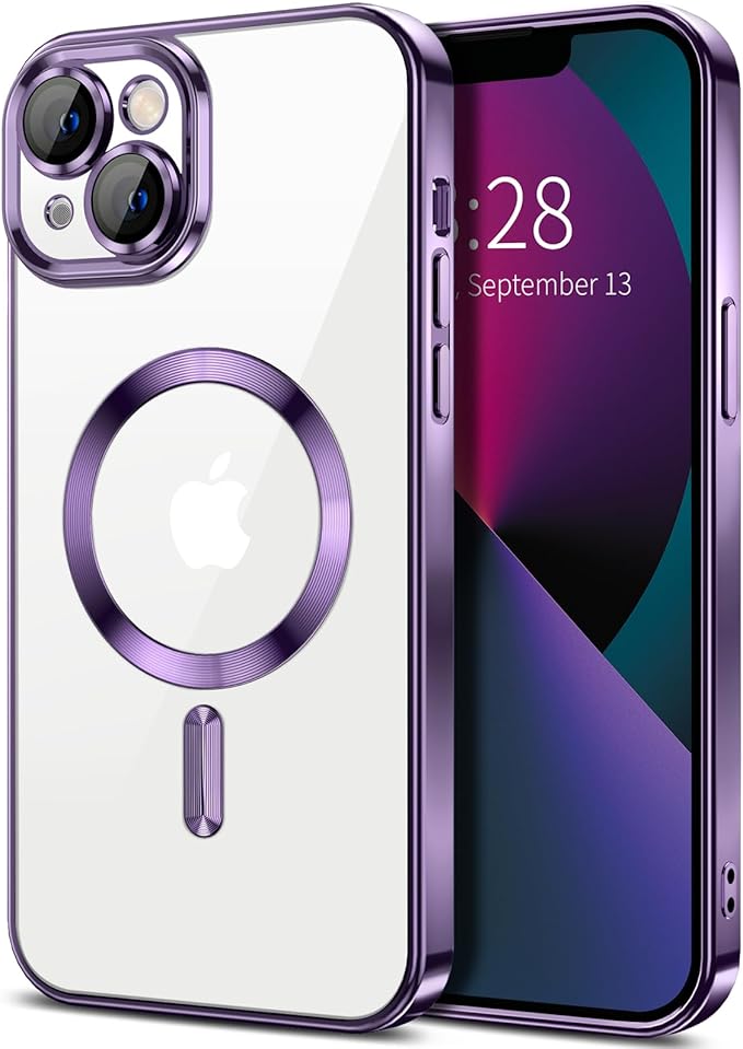 Hython Magnetic Clear for iPhone 13 Case with Camera Lens Protector [Compatible with MagSafe] Luxury Plating Edge Slim Soft TPU Cover Protective Phone Case for iPhone 13 6.1", Deep Purple