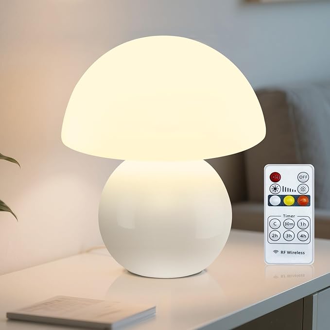 Remote Control Mushroom Lamp with Timer – 3-Color Dimmable Bedside Light, Ceramic Base & Glass Shade, Modern Decorative Night Lamp for Bedroom, Living Room, and Home Office (Pearl White)
