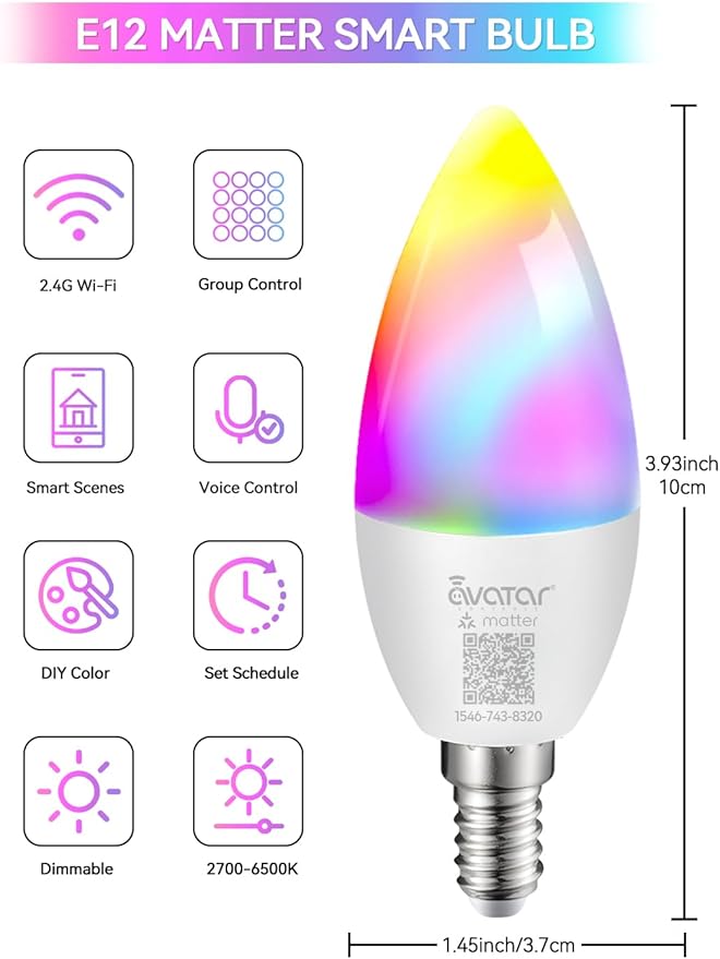 Matter E12 Smart Bulb, No Extra App Needed! RGBCW WiFi Bulb Compatible with Apple Home/Siri, Alexa & Google. Timer & Group Control, Perfect for Bedroom/Living Room Lamps, Candelabra Base