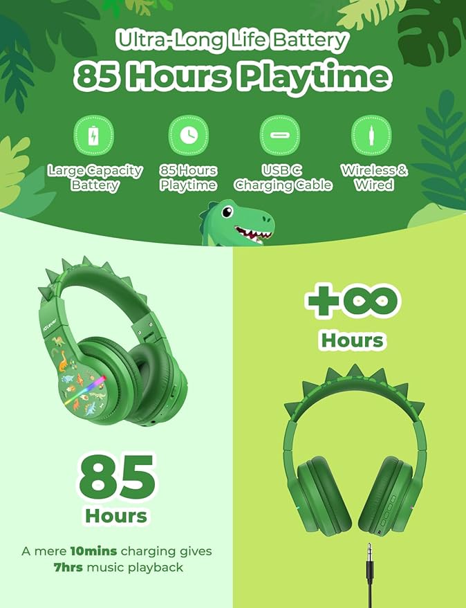 iClever BTH12 Kids Bluetooth Headphones,Colorful LED Lights Wireless Kids Headphones,74/85dBA Safe Volume,85H Playtime,Bluetooth 5.2,Over Ear Dinosaur Headphone Built-in Mic for iPad/Tablet/Airplane