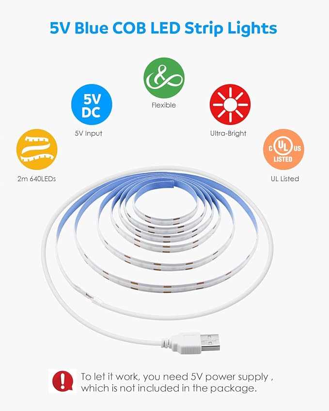 Aclorol LED Strip Lights 5V USB 6.56FT/2M 640 LEDs Blue Indoor Rope Lights for Bedroom Not Waterproof IP20 CRI85+ Flexible LED Light for TV Backlight Living Room Party DIY Lighting