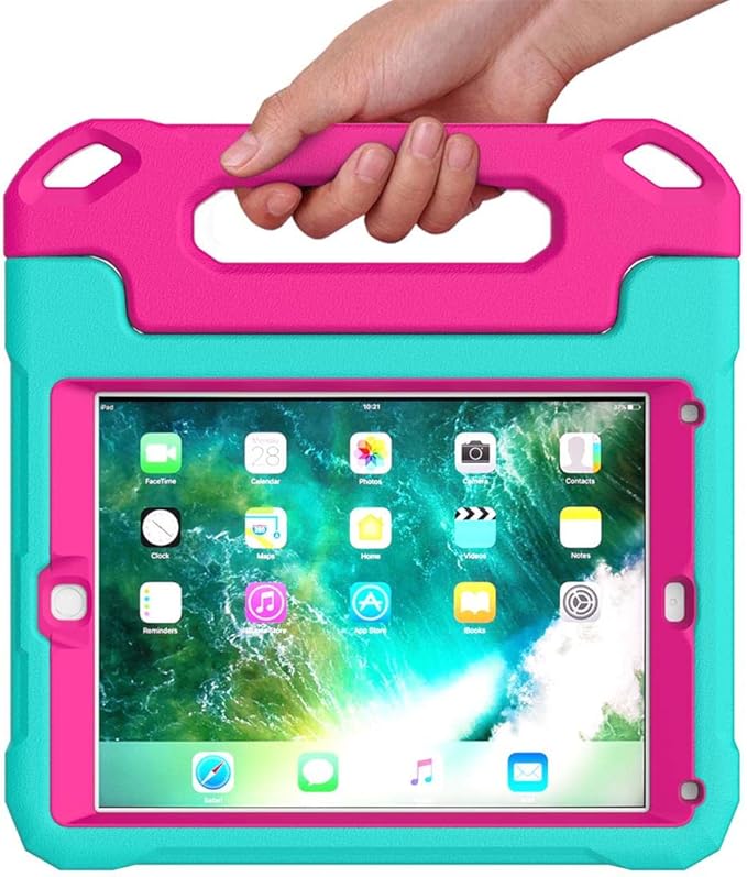 SUPLIK Kids Case for iPad 5th/6th Generation (9.7 inch, 2017/2018), iPad Air 1 & Air 2 & Pro 9.7 Case with Screen Protector, Durable Shockproof Protective Cover with Handle Stand, Cyan&Pink