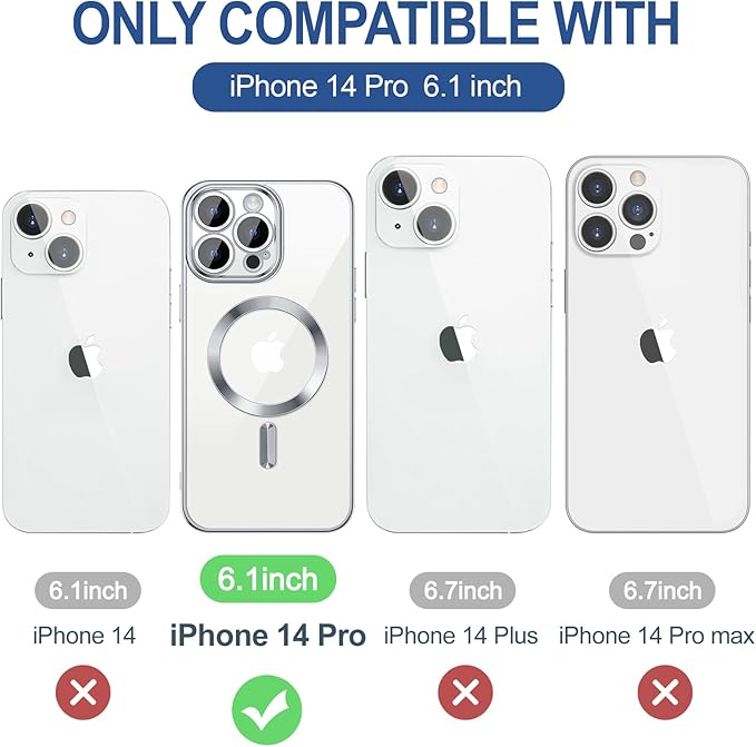 Hython Magnetic Clear for iPhone 14 Pro Case with Camera Lens Protector [Compatible with MagSafe] Luxury Plating Edge Slim Soft TPU Cover Protective Phone Case for iPhone 14 Pro 6.1", Silver