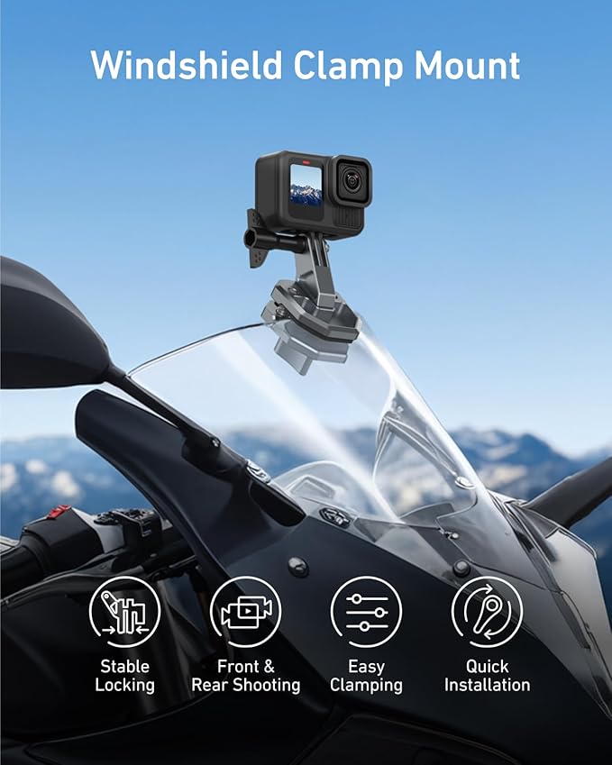 Motorcycle Windshield Clip Camera Mount, Quick Release Motorbike Windscreen Clamp for DJI Osmo Action 6 /Osmo Nano/Osmo 360/Action 5 4, Hero 13 12 11 10 9 8, Compatible with Insta 360 X5 X4 Action Cam