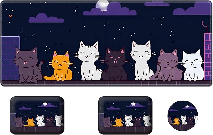 Wrist Elbow Support Arm Rest Desk Mouse Pad Set,Large Mouse Pad + 2 Elbow Rest Pad + Coaster,(31.5×11.8 in) Ergonomic Memory Foam for Office,Gaming,Computer,Laptop-Lovely Cats