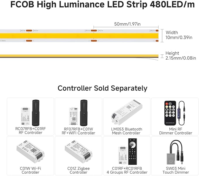 BTF-LIGHTING FCOB COB LED Strip 3000K 596+LM/FT Super Bright UL Listed DC24V 16.4FT 480LED/m 10mm Width Flexible High Density CRI 90+ Dimmable LED Light for Home Indoor Decor(No Controller or Adapter)