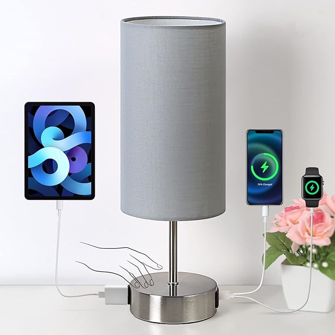 Yarra-Decor 【Upgraded Bedside Lamp with USB A+C Charging Ports & AC Outlet Touch Control Table Lamp for Bedroom 3 Way Dimmable Nightstand Lamp with Grey Shade for Home Office, Dorm(Bulb Included)