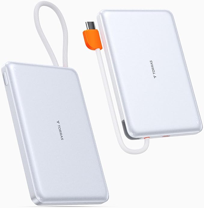 TORRAS Power Bank with Built-in USB-C Cable (No-Wireless), Ultra-Slim 10,000mAh Portable Charger USB C, 22.5W Fast Charging Battery Pack for iPhone 17/16/15 Series, Phone air, Galaxy, Pixel, White