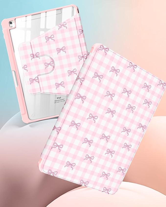 Uppuppy for iPad 9th/8th/7th Generation Case for iPad Air 3rd/ Pro 10.5” Case - 360 Rotating Stand Folio Smart Cover with Pencil Holder for Women, Pink Bow Checkered for Apple Tablet 7/8/9 Gen 10.2”
