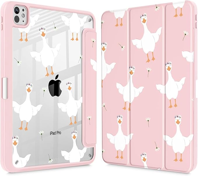 May Chen for iPad Pro 13 Inch Case M5 2025 / M4 2024, Built Pencil Holder & Clear Transparent Print Back Shell Slim Stand Shockproof Tablet Cover, Auto Wake/Sleep, Goose Flower