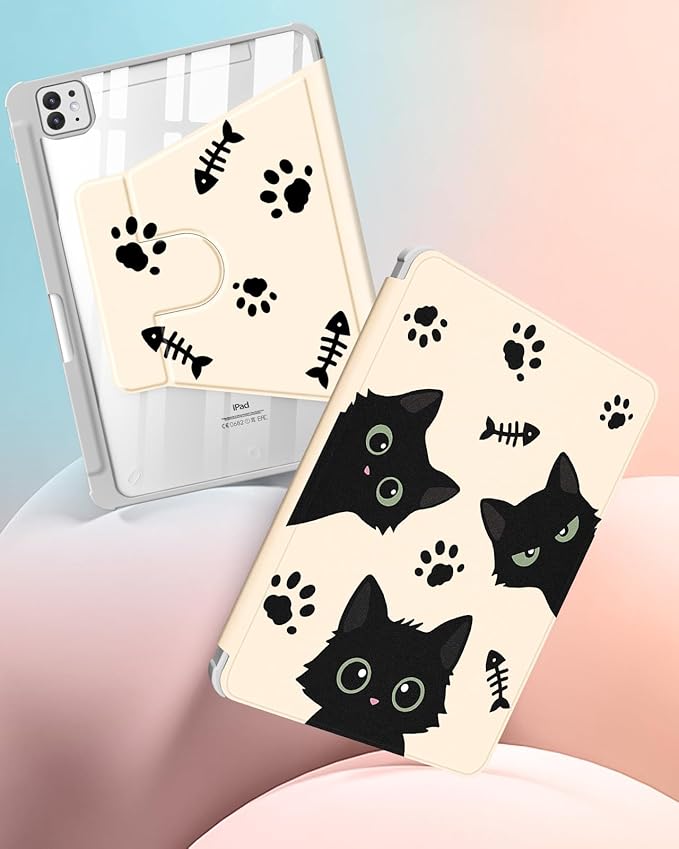 Uppuppy for iPad Pro M4/M5 Case 11 inch - 360 Degree Rotating Stand Folio Smart Cover with Pencil Holder for Women Girls, Black Cats for iPad Pro 11 inch Case 2024 M4/2025 M5