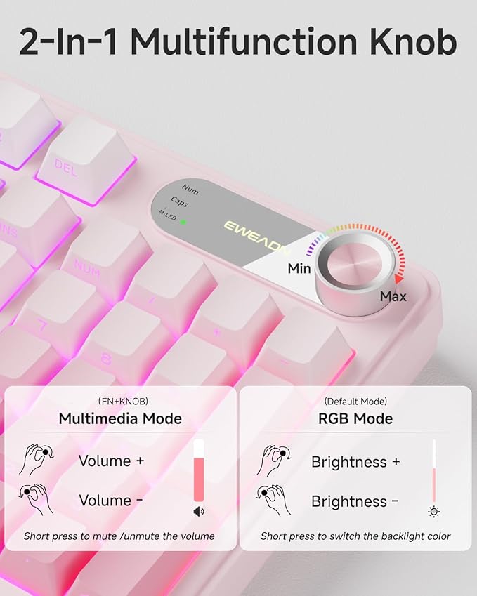 EWEADN V102 Wireless Keyboards, 98 Key Gaming Keyboard with Screen & Media Knob, Custom RGB Backlit, Tri-Mode BT5.0/2.4GHz/Wired Membrane Bluetooth Keyboard, Quiet Typing for PC/Mac-Gradient Pink