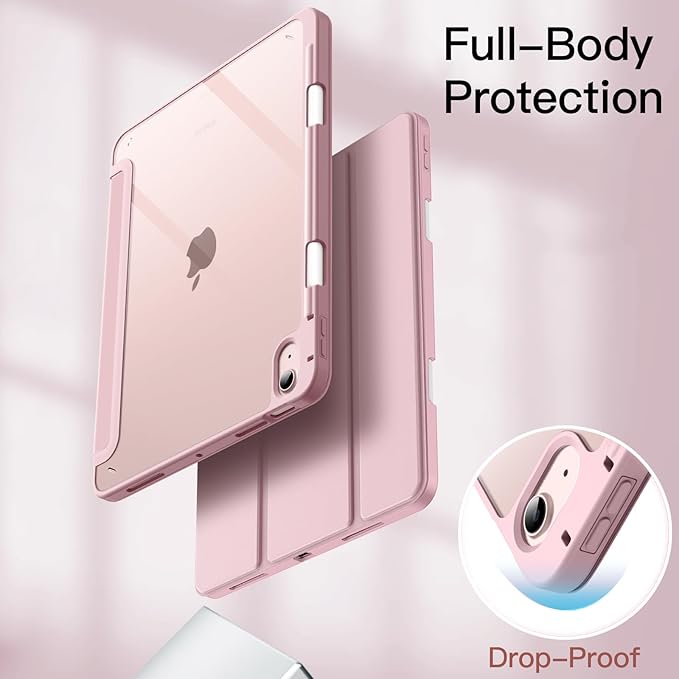 JETech Case ONLY for iPad Air 11-Inch M4/M3/M2 (2026/2025/2024), iPad Air 5/4 (2022/2020 5th/4th) with Pencil Holder, Clear Transparent Back Slim Stand Shockproof Tablet Cover (Pink)