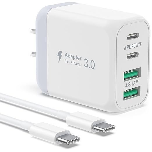 USB C Wall Charger, 40W 4-Port USB C Charger Block, Fast Charging Block Dual Port PD+QC Power Adapter Type C for iPhone 15/14/13/12/11/Pro Max/XS/XR/8, iPad, Samsung Phone, Tablet, with 6FT C-C Cable