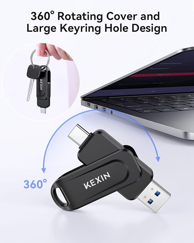 KEXIN 128GB Flash Drive 3 Pack 100MB/s Swivel Dual USB Drive 3.0 USB-A & Type-C Thumb Drive Memory Stick for Smartphone Tablet iPhone 15/16 Car Game Console, Black 128GB 3 Pack