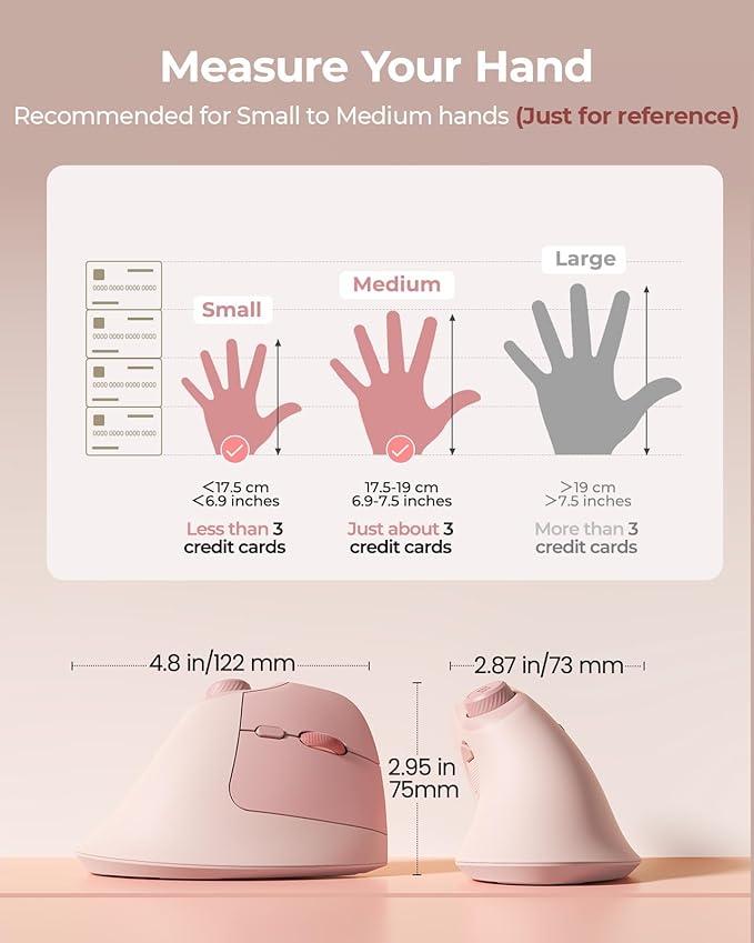seenda Ergonomic Mouse Wireless, MOU-302 Bluetooth Vertical Mouse Rechargeable, Volume Knob, Silent Mice & 1000/1600/2400 DPI, 3 Multi-Device Connection for Windows/PC/Laptop/Mac/MacBook, Pink