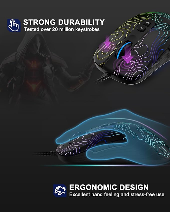 Womier G706 USB Wired Gaming Mouse for PC Computer Windows Mac Laptop, Lightweight Silent RGB Backlit Mouse with Adjustable 12000DPI/7 Programmable Side Buttons,Topographic Theme (Black Topographic)
