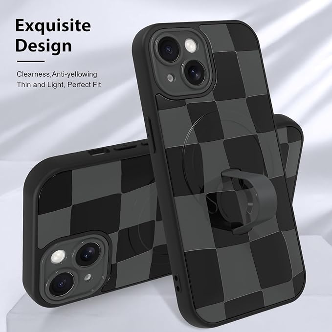 KANGHAR Compatible with iPhone 15 Case, Support for MagSafe, Silicone Checkered Cute Pattern, Wristband Kickstand Camera Protection Soft Slim Cover for Girls Women -Black