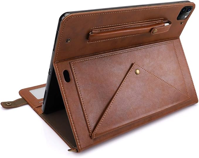 Handbag Case for iPad Pro 11" 2018-2022 / Air 11" 2025 2024 10.9" - Techcircle Folio Stand iPad Crossbody Wallet Case with Pencil Holder, Hand Strap+Shoulder Strap Protective Cover, Coffee