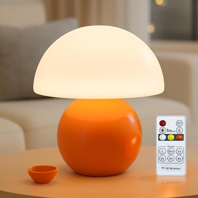 Remote Control Mushroom Lamp with Timer – 3-Color Dimmable Bedside Light, Ceramic Base & Glass Shade, Modern Decorative Night Lamp for Bedroom, Living Room, and Home Office (Sunset Orange)