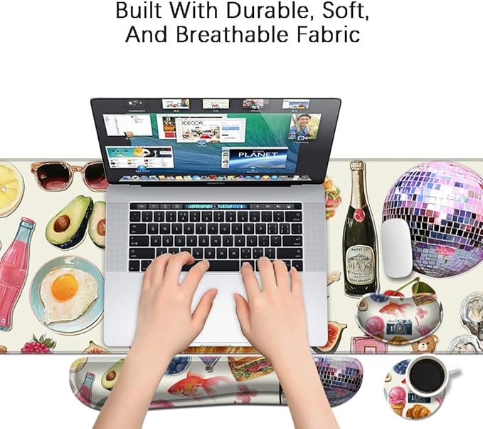 MIBITRI Keyboard Mouse Pad Set, Extended Gaming Mouse Pad+Ergonomics Keyboard Wrist Rest Support, Memory Foam, Easy Typing Pain Relief, 4Pcs XXL Ultra Thick Desk Mat, Collage Lovely