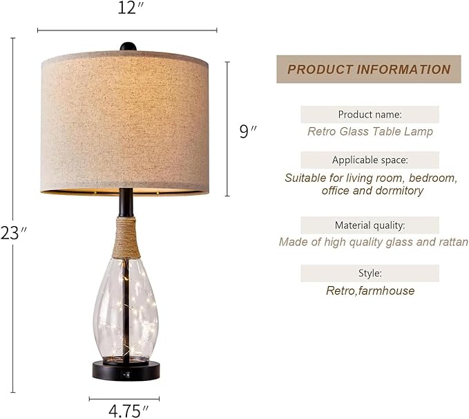 OYEARS Bedside Table Lamp with USB, 23‘’ Black Modern Nightstand Lamps for Bedroom, Retro Rattan Table Lamps for Night Stands, Living Room, Farmhouse Table Lamp with Glass Nightlight Lamps