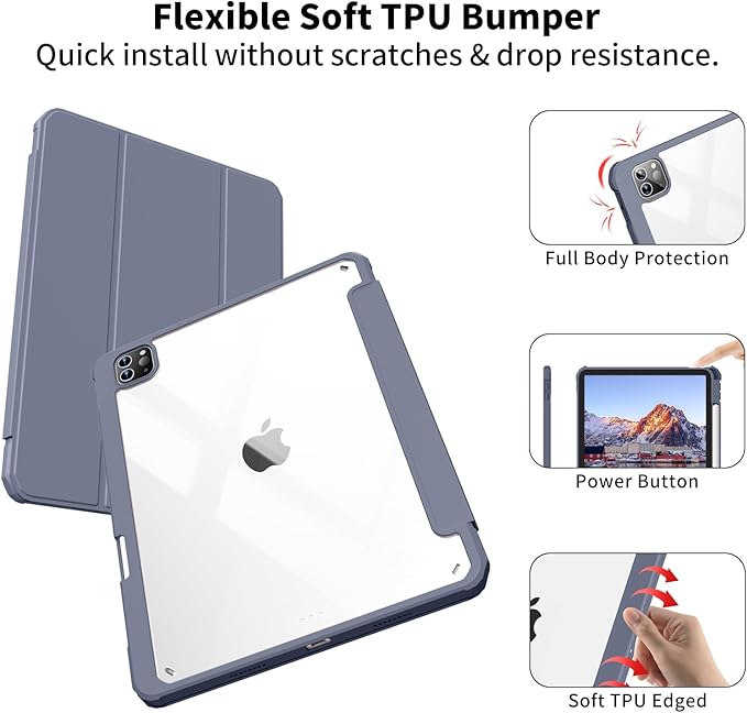Case for iPad Pro 12.9 Inch (6th/5th/4th/3rd Generation 2022/2021/2020/2018) with Pencil Holder, Clear Transparent Back Shell Slim Stand Shockproof Tablet Cover, Auto Wake/Sleep, Purple