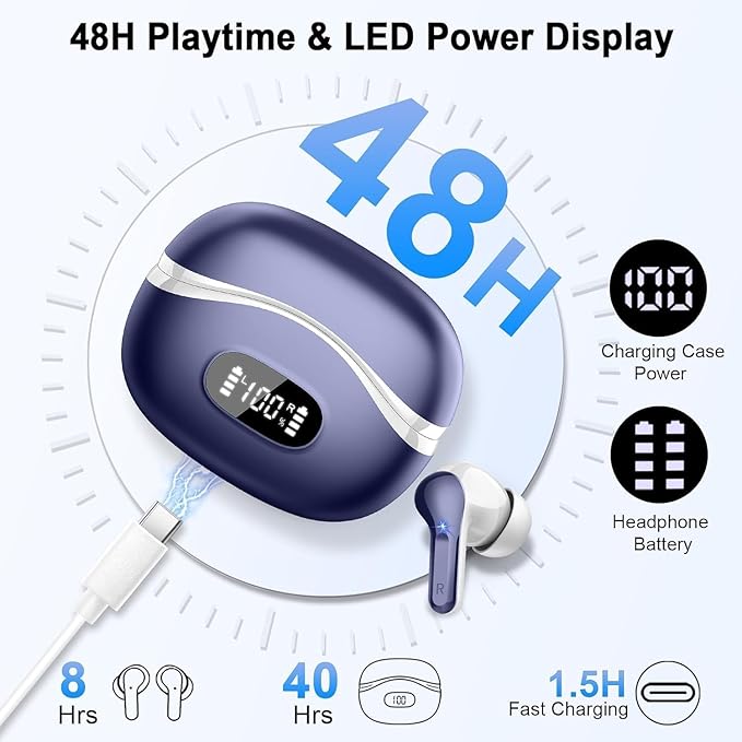 Wireless Earbuds, Bluetooth Headphones 5.4 HiFi Stereo, Ear Buds with 4 ENC Noise Cancelling Mics, 48H Bluetooth Earbuds with Dual LED Display, IP7 Waterproof in Ear Earphones, Deep Blue