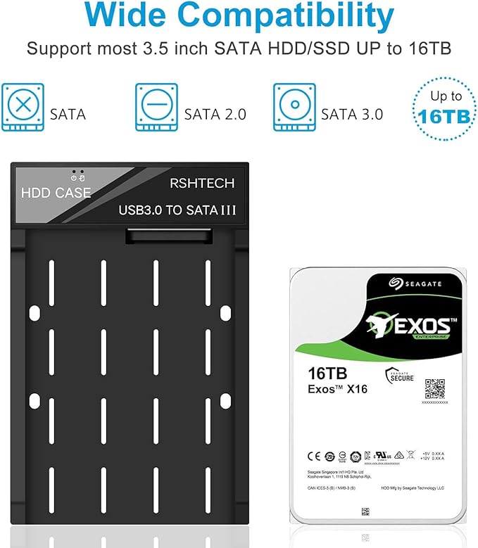 Hard Drive Enclosure, RSHTECH USB 3.0 to SATA External Hard Drive Docking Station for 3.5 inch SATA I/II/III HDD SSD Up to 16TB Support UASP (Black)