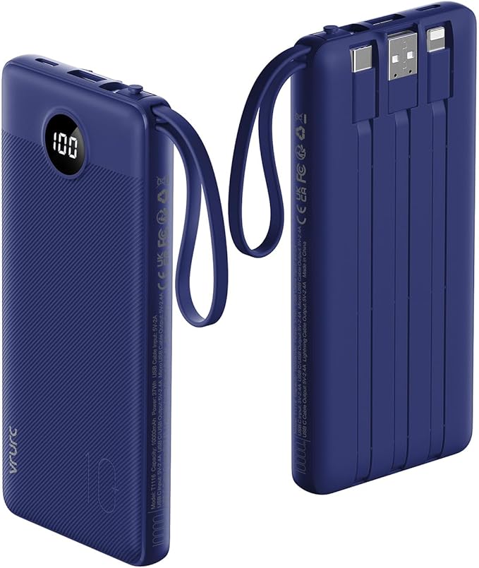VRURC Portable Charger for iPhone, USB C Power Bank 10000mAh, Slim Travel Battery Pack Built in Cables & Lanyard, 5 Output 2 Input Portable Phone Charger for iPhone 17 16 15 14 13, Samsung-Navy