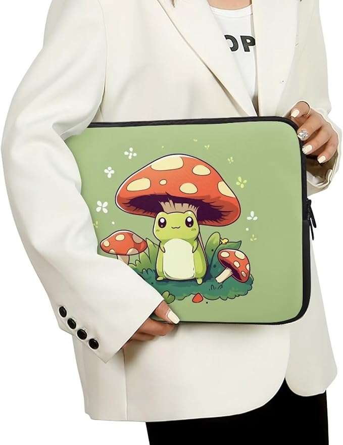 Cute Frog Laptop Protective Sleeve for Women Men 13 Inch Computer Sleeve Neoprene Laptop Bag Mushroom Lap Top Case Suitable for Travel School Office Organizers Green