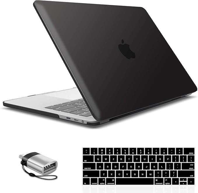 IBENZER Compatible with MacBook Pro 15 Inch Case 2019 2018 2017 2016 A1990 A1707, Hard Shell Case with Keyboard Cover & Type C Adapter for Mac Pro 15 Touch Bar, Black, T15BK+1TC A