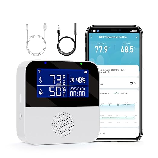 eMylo WiFi Thermometer Hygrometer with Waterproof Probe, Smart Indoor Temperature Humidity Monitor with Brightness Sensor, LED Backlit Screen, APP Control, Buzzer Alarm&App Alert,Compatible with Alexa