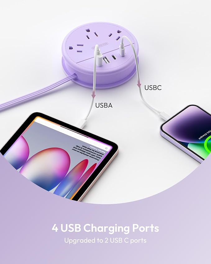 NTONPOWER Purple Travel Power Strip with 3 AC Outlet 4 USB(2 USB C), Dorm Room Essentials 4FT Flat Extension Cord, Purple Desk Accessories Compact fo for Hotel Travel Cruise Essentials