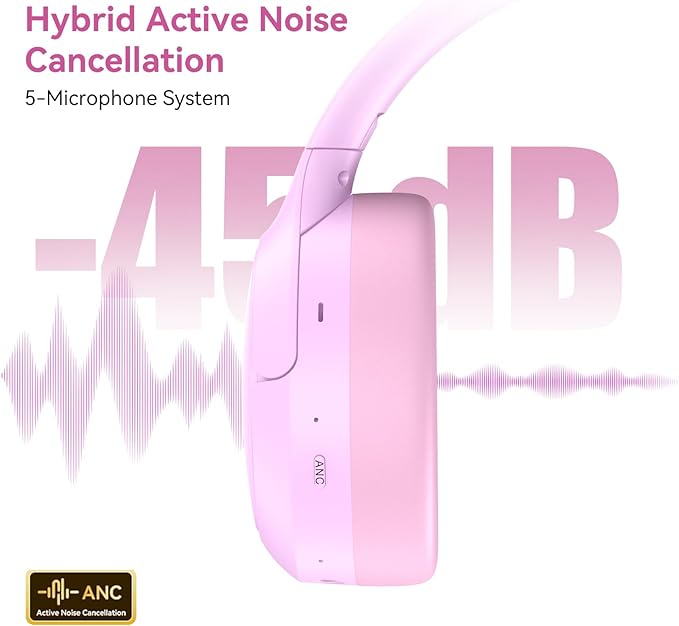 Hybrid ANC Wireless Over-Ear Headphones, 100H Playtime, Hi-Res Audio, Bluetooth 6.0, Multi-Mode Noise Cancellation, Comfort Fit, iOS & Android Compatible, Foldable Design, Travel-Friendly (Pink)