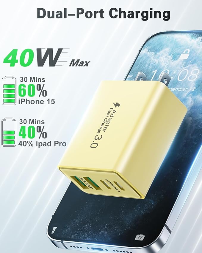 2-Pack USB C Charging Block, 40W Fast USB C Charger Block 4-Port Dual PD Power Adapter + QC Wall Plug Multiport Type C Charging Block Cube for iPhone 16 15 14 13 12 11 Pro Max Plus, Samsung
