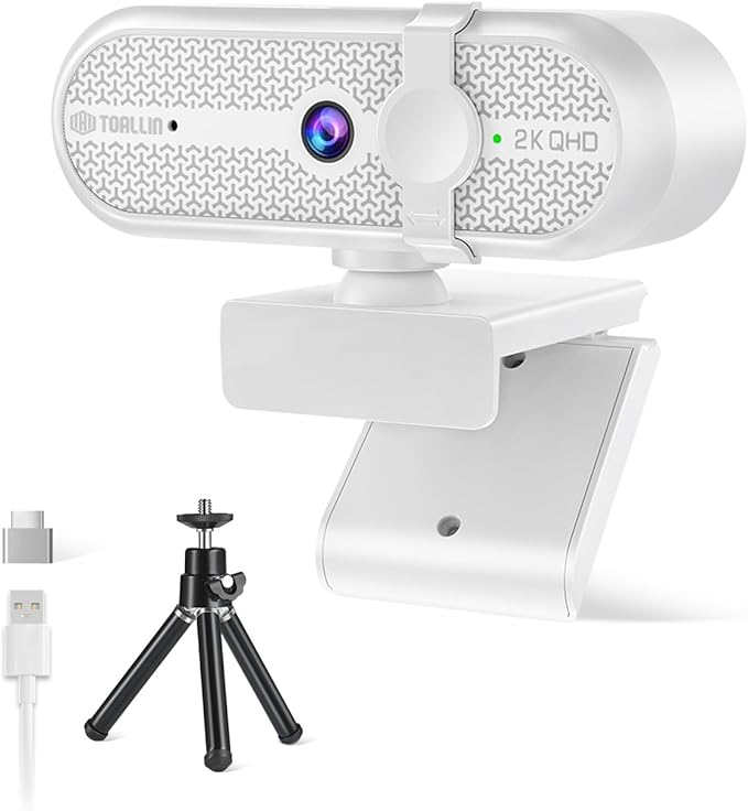 TOALLIN 2K Webcam for PC, 5MP, Built-in Mic, 90° Wide Angle Webcam with Tripod and Privacy Cover, USB Computer Camera for Laptop, Live-Streaming, Gaming, Online Meetings, Video Calls