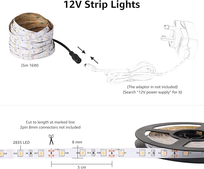Lepro 12V LED Strip Light, Flexible, SMD 2835, 300 LEDs, 32.8ft Tape Light for Home, Kitchen, Party, Christmas and More, Non-Waterproof, Daylight White, Pack of 2(Not Include Power Adapter)