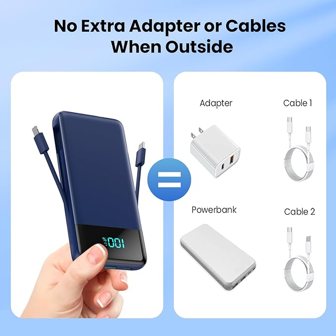 Portable Charger for iPhone,13800mAh Slim Power Bank with Built-in Cables & AC Wall Plug,All in One 4 Outputs USB C Fast Charging Battery Pack Travel Essential for iPhone 17/16/15/14,Android (Blue)
