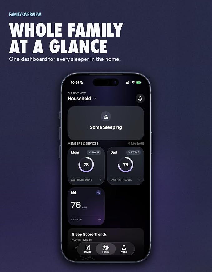 Non-Wearable Contactless Sleep Tracker & Sleep Monitor Device for Adults and Kids | No Subscription, Heart Rate, Breathing & Sleep Stage, Real-Time Monitoring, Smart Alarm