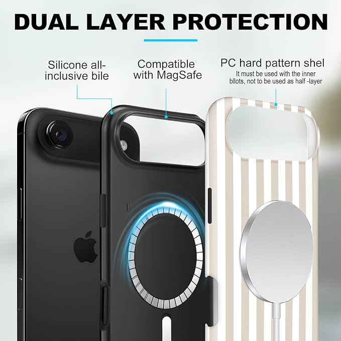 Magnetic for iPhone 17 Air Case Cute Stripes Phone Case, Shockproof Slim TPU and Hard PC Protective Phone Cover Compatible with MagSafe Designed for Women Girls, Apricot