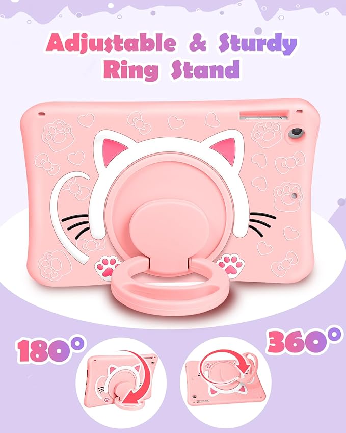 Wazzasoft Case for iPad 5th Generation 9.7 Inch, Tablet Cover for Air 1st Pro 9.7 Cute Cat 3D Cartoon Kitten with Rotating Handle Stand & Strap Silicone Funda for iPad 5th Gen
