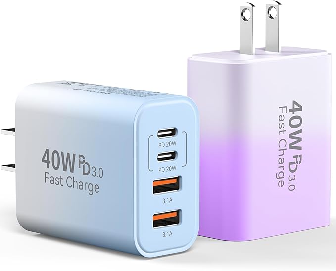 USB C Charger Block, 2Pack 40W 4 Ports Type C Fast Phone Charging Cubes PD USBC Wall Plug+QC 3.0 USB A Charger Power Brick Box for iPhone 16/15/14/13/12/11 Pro Max, Galaxy,Gradient Purple+Blue